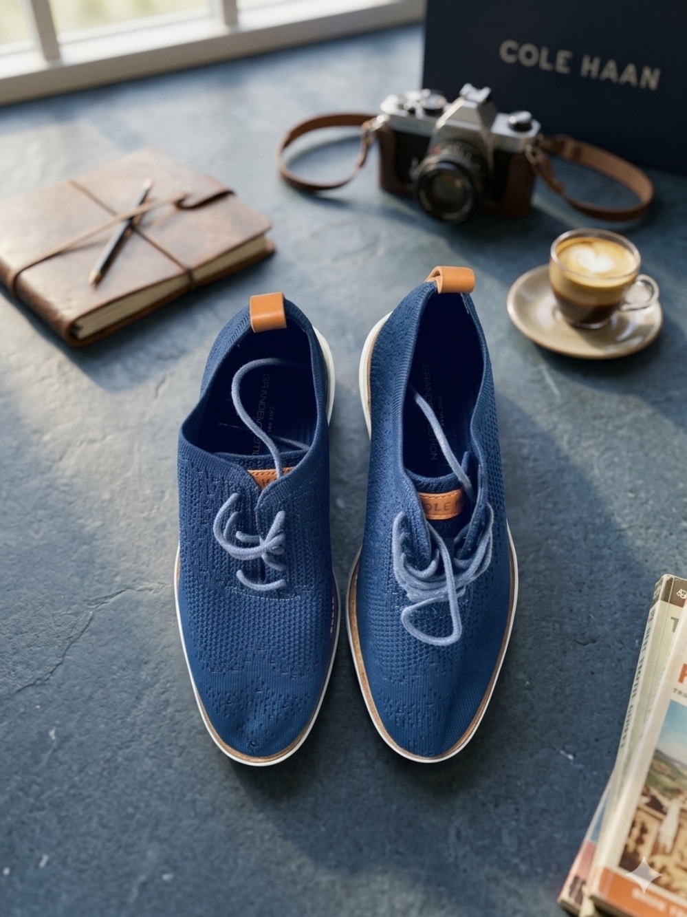 Cole Haan Navy Knit Lace-Up Oxfords with Tan Accents